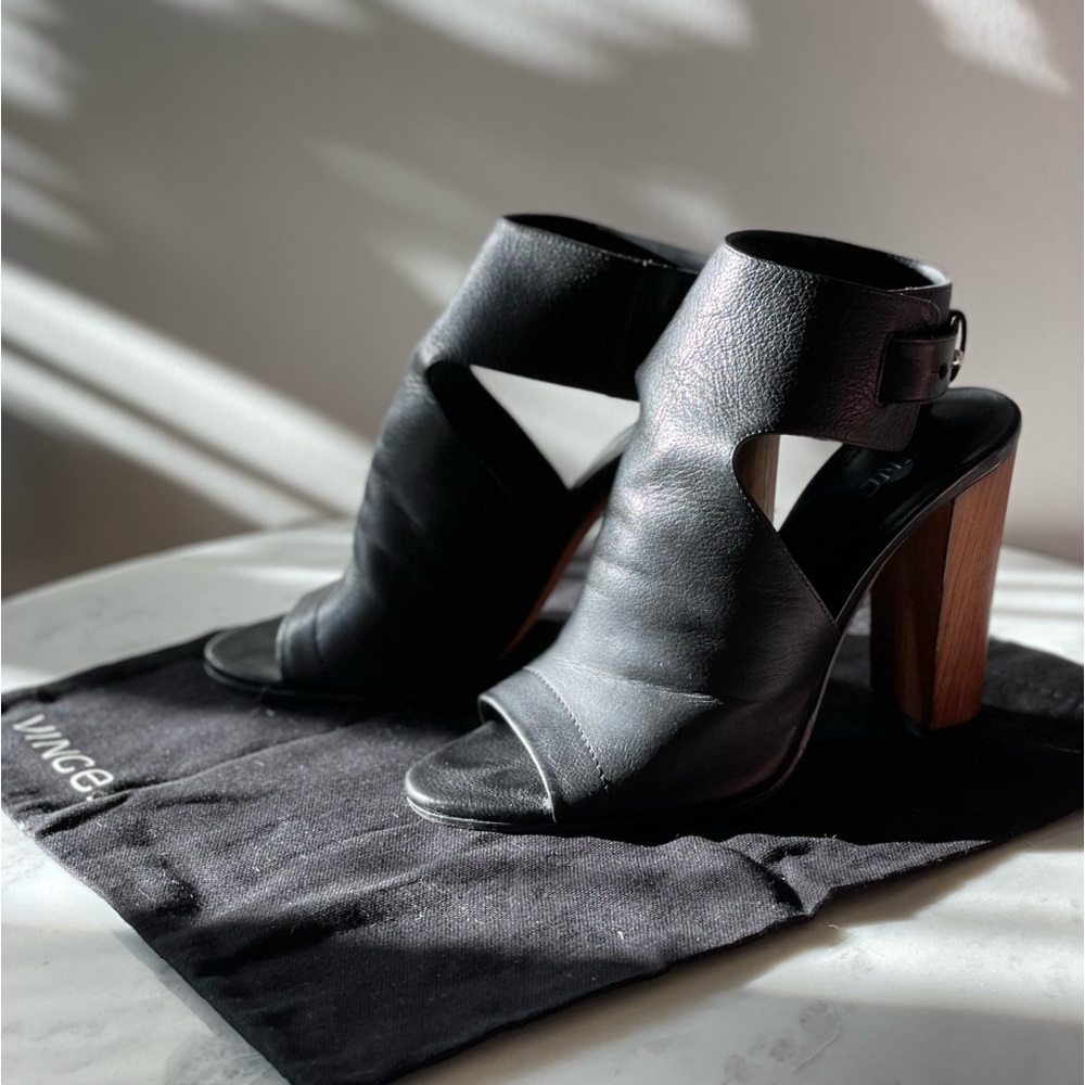 Vince black leather and wood block heels